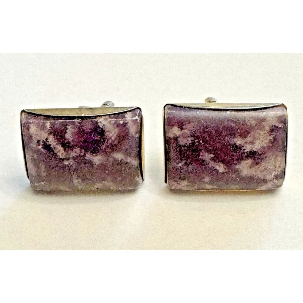 Vintage Purple Stone Rectangle Cufflinks Silver Tone 1 Inch